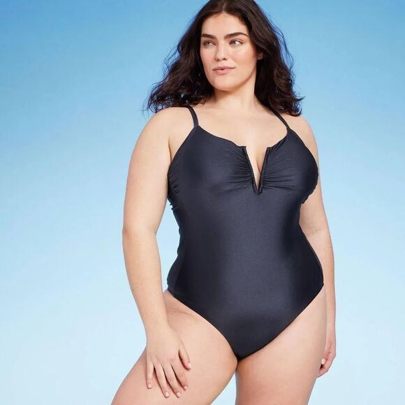 Shade & Shore Women's Plus Size 14 Shirred V-Wire Plunge One Piece Swimsuit NWT - Picture 1 of 3
